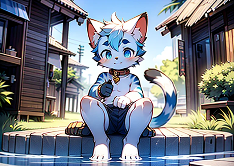 Highest quality,Delicate style,Delicate hook lines,masterpiece,delicate skin,fine hair,hairy的尾巴,exquisite eyes,blue eyes,white cat ears,hairy,blue eyes,Handsome,Lovely,Cat style,Shota,cyberpunk, blue pupils, outdoor,rural,Water's Edge , boys,white fur,Topless,shorts,leg rings,collar,in the sun,The body is wet,individual