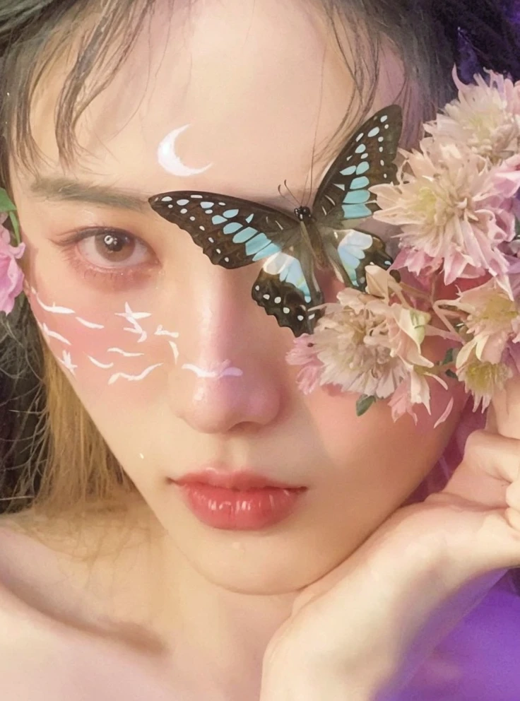 there is a woman with a butterfly on her face and flowers, aesthetic cute with flutter, inspired by Yanjun Cheng, taejune kim, aesthetic portrait, butterfly, yanjun chengt, kim doyoung, portrait of jossi of blackpink, dreamy aesthetic, fantasy aesthetic!, sakimichan, jinyoung shin, girl with a flower face, fairy look