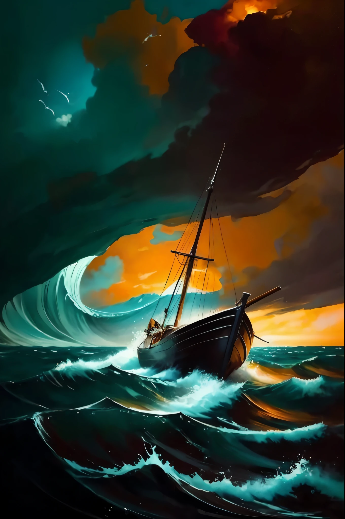 beautiful sunset colors, realistic waves, tranquil atmosphere, skilled brushwork, vibrant and vivid colors, calm and serene ocean.

masterpiece,sharp focus, highly detail, intricate detail on the sailing boat,