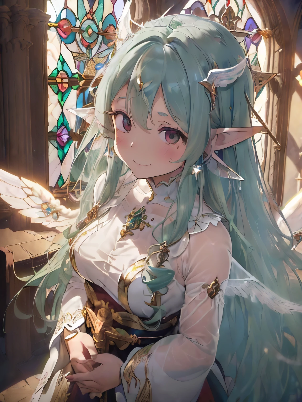 (luxuriously decorated church:1.35),(Stained glass wall:1.4),(long hair with curls:1.3),((monastic clothes:1.35)),((crystal clear accessories:1.2)),(extra large angel wings:1.4),(white、green、Money、black),((eye size:1.5)),(is fluttering in the wind:1.5),(Smile slightly:1.2),(blush),(siren&#39;s ears:1.5),((gill-like ears:1.2)),((small breasts:1.2)),((perspective from above:1.2)),(close up of face)
