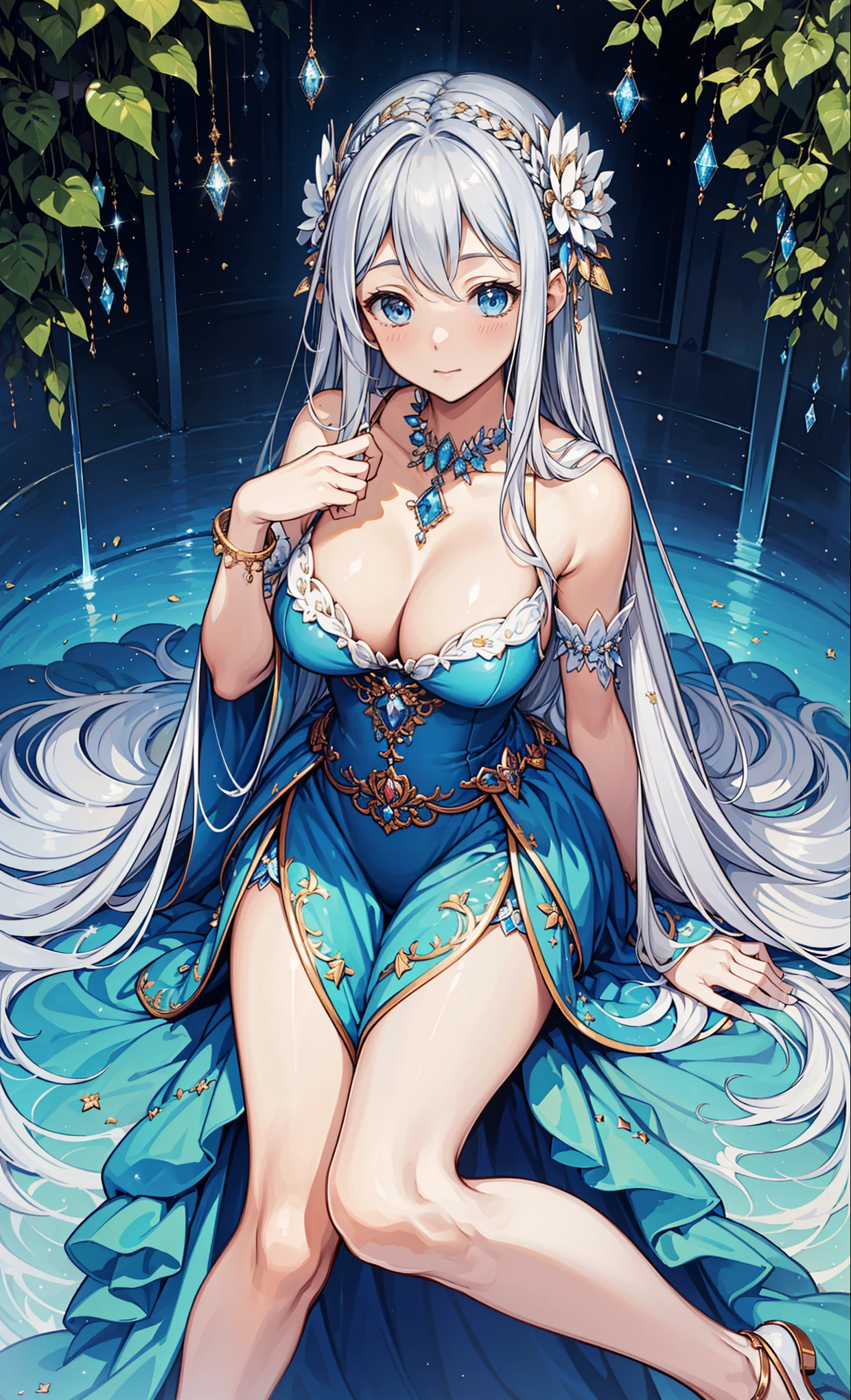 (masterpiece), ((best quality)),(official art),(Beautiful indulgence:1.2),(skirt),(1 girl: 1.3), Upper body only, sitting, Beautiful woman wearing densely designed dress, sealed in a crystal, Beautiful woman who grew up with trees，Receive seal crystal. Midnight moonlight，it emits a faint light. Detailed description. bright colors. colorful, highest detail ((Super details)),(highly detailed 2D illustration),((very delicate and beautiful))Super details,