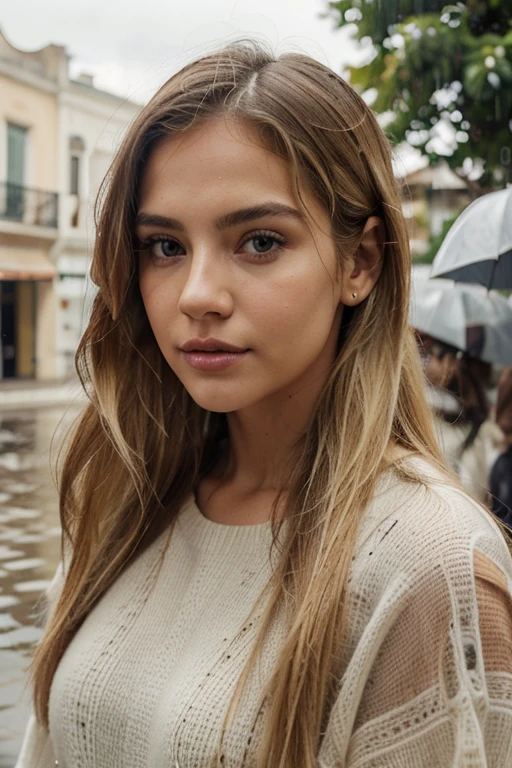 A 23-year-old blonde woman, ((pechos grandes)), ((hiperrealismo)) ,. blonde hair with light brown roots. cabello rubio, Hair with brown roots, cabello extra largo, cabello muy largo, Cabello muy largo, hermoso, vista frontal, autofoto, Foto tomada con iPhone, elegante, autofoto, alta calidad, autofoto iPhone, ojos verdes, labios carnosos, shy look, Doesn't look at the camera, no mira, umbrella, lluvia, frio, Rainy day, DEBE usar jersey de lana grueso