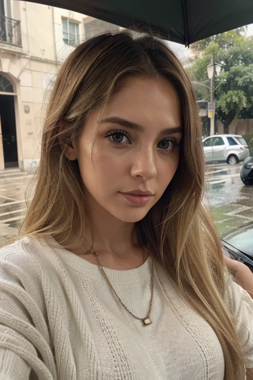 A 23-year-old blonde woman, ((pechos grandes)), ((hiperrealismo)) ,. blonde hair with light brown roots. cabello rubio, Hair with brown roots, cabello extra largo, cabello muy largo, Cabello muy largo, hermoso, vista frontal, autofoto, Foto tomada con iPhone, elegante, autofoto, alta calidad, autofoto iPhone, ojos verdes, labios carnosos, shy look, Doesn't look at the camera, no mira, umbrella, lluvia, frio, Rainy day, DEBE usar jersey de lana grueso