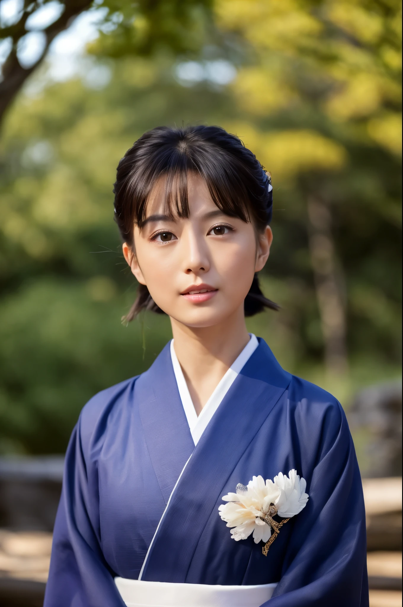 ((Top Quality, 8K, Masterpiece: 1.3)), Sharp Focus: 1.2, (Super Beautiful Face: 1.0), (Slender Abs Beauty: 1.0), (Shiny Skin: 1.0), Realistic Photography, Black Hair, Realistic Pupils, Video Lighting, High Definition Eyes and Face, Video Lighting, (Cowboy Shot: 1.3), (kimono, hakama, obi: 1.4), (Japanese Cute Actress), in nature, traditional kimono, happy, Looking at the audience, head on,