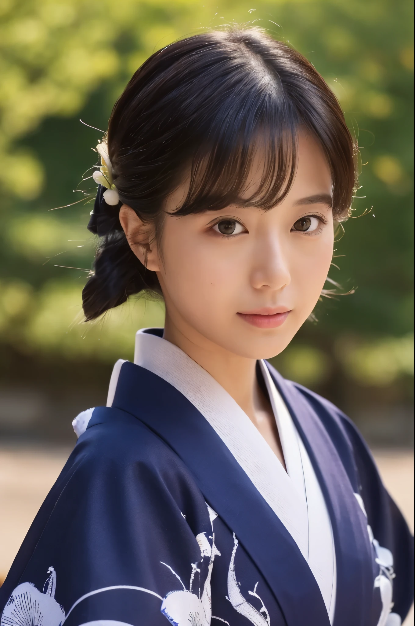 ((Top Quality, 8K, Masterpiece: 1.3)), Sharp Focus: 1.2, (Super Beautiful Face: 1.0), (Slender Abs Beauty: 1.0), (Shiny Skin: 1.0), Realistic Photography, Black Hair, Realistic Pupils, Video Lighting, High Definition Eyes and Face, Video Lighting, (Cowboy Shot: 1.3), (kimono, hakama, obi: 1.4), (Japanese Cute Actress), in nature, traditional kimono, happy, Looking at the audience, head on,