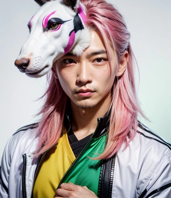 Asian man. Pink hair. Scar on side of face. yellow and green shirt with white jacket.