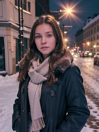 Photo shoot portrait of a girl knee-deep young Russian 25 years old long brown hair looking into the frame blue eyes main street of Moscow gum snow evening standing in an unbuttoned brown fur coat with a scarf around her neck