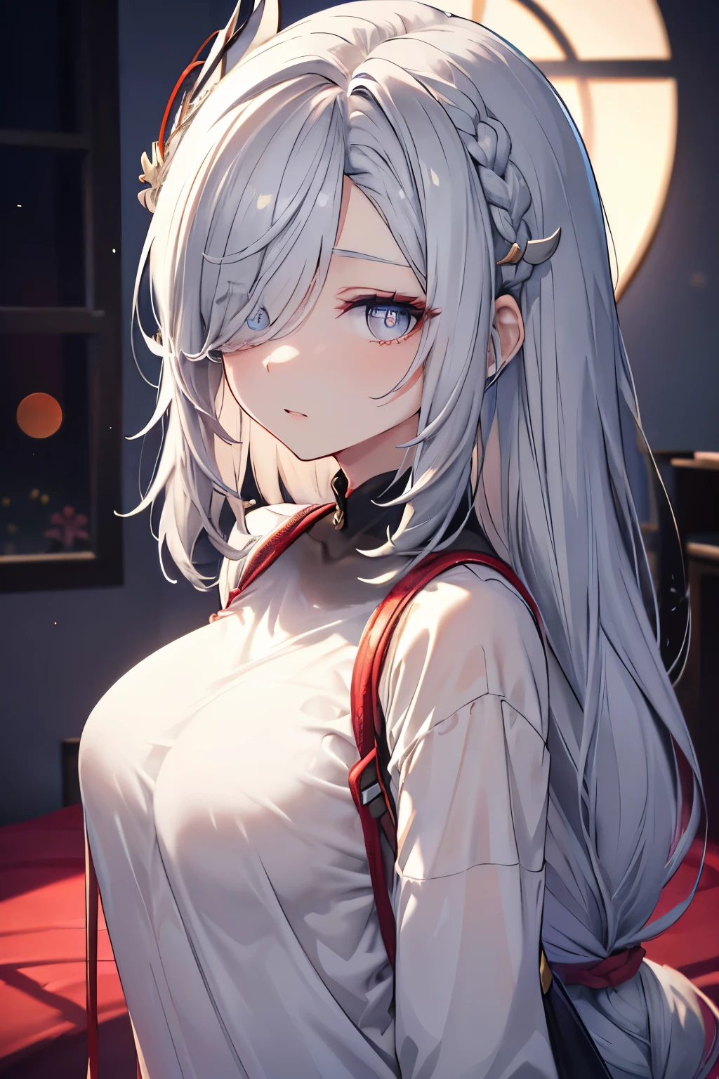 ShenheV4, (Shenhe in baggy tshirt), pyjama, (solo:1.1), (mature woman), beautiful face, (detailed eyes), symmetric eyes, (thin lips), (long hair, grey hair, braid, hair over one eye, hair ornament), (beautiful round breasts), neckline, voluptuous body, slim waist, (masterpiece, best qualty), soft ambient lighting, standing, front view, vivid colors, bedroom, (stuff toys), looking at the viewer, slim waist, HD, 8K, vivid colors, intricate, bokeh (absurdres:1.2), bokeh, ((detailed face))