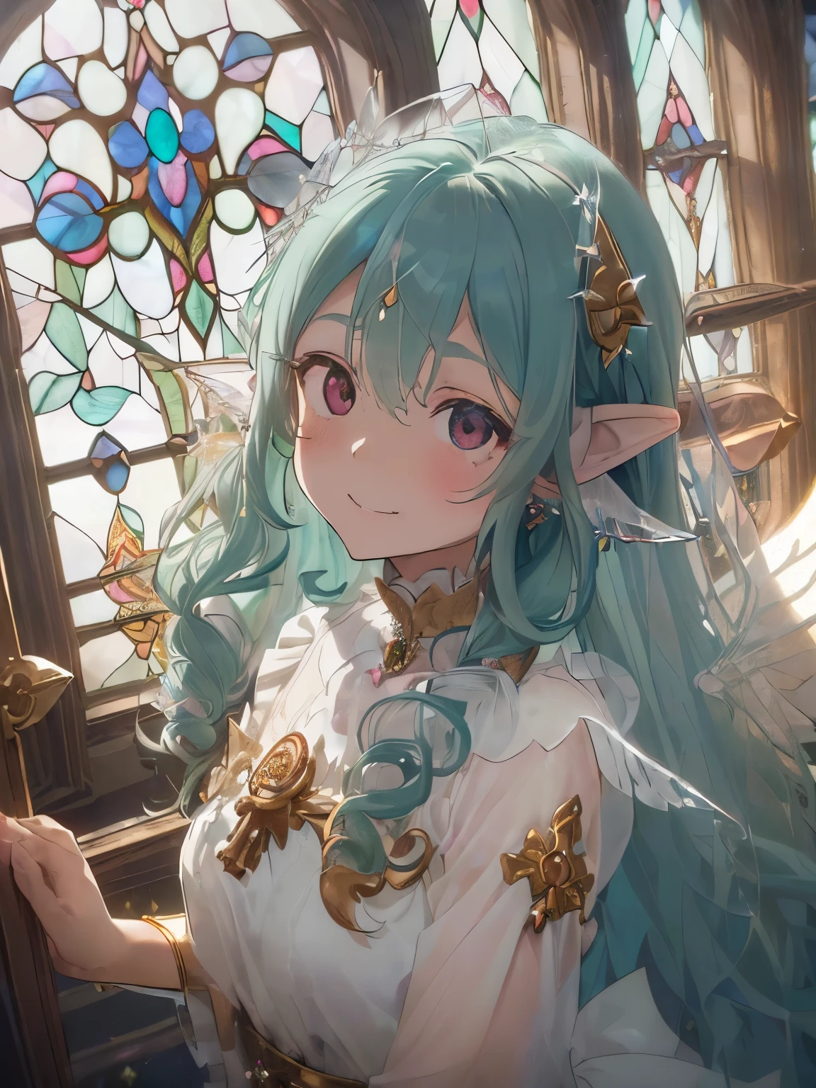 (luxuriously decorated church:1.35),(Stained glass wall:1.4),(long hair with curls:1.3),((monastic clothes:1.35)),((crystal clear accessories:1.2)),(extra large angel wings:1.4),(white、green、Money、black),((eye size:1.5)),(is fluttering in the wind:1.5),(Smile slightly:1.2),(blush),(siren's ears:1.5),((gill-like ears:1.2)),((small breasts:1.2)),((perspective from above:1.2)),(close up of face)