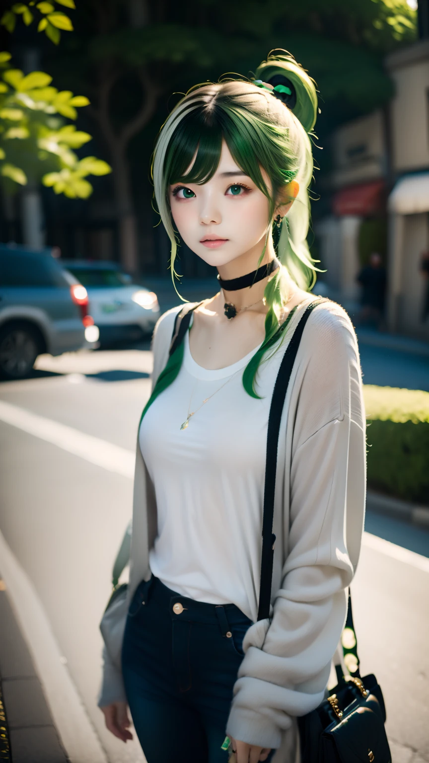 masterpiece , highest quality,Nahida(Genshin Impact), 1 girl , white shirt:1.5 ,side ponytail ,gray hair ,colorful hair, green eyes,casual clothes , have , black choker, bag , green hair,Busy roads , Urban living