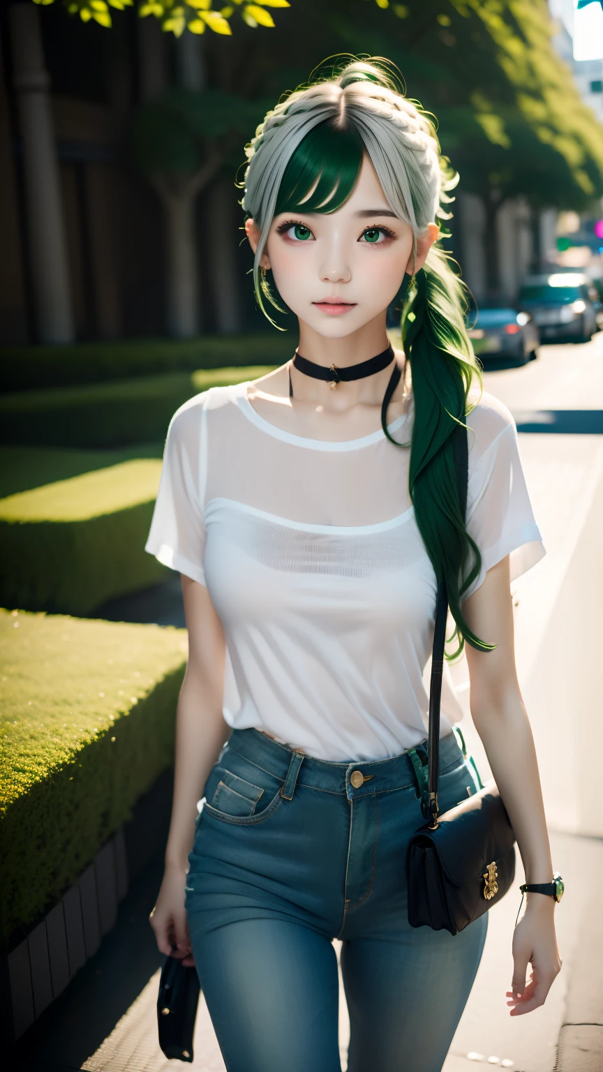 masterpiece , highest quality,Nahida(Genshin Impact), 1 girl , white shirt:1.5 ,side ponytail ,gray hair ,colorful hair, green eyes,casual clothes , have , black choker, bag , green hair,Busy roads , Urban living