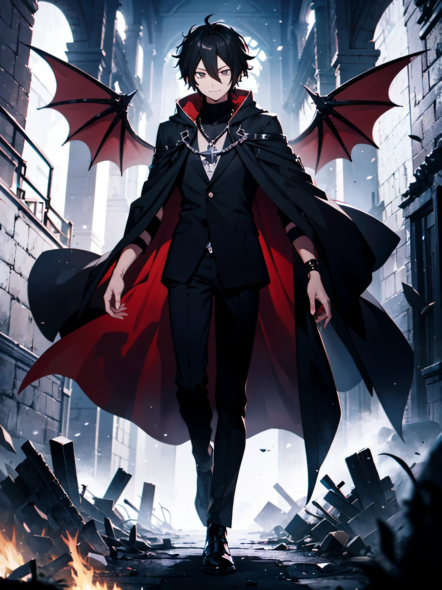 flying black dragon behind, 1male, Zeref (masterpiece),full body, dynamic pose, best quality, adult, expressive eyes, magician, necromancer, darkness, destruction all around, evil smile, black cloak, full body, full black dressed