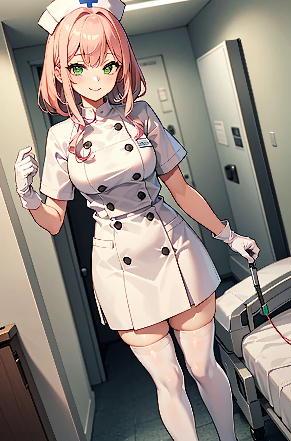 1 girl, alone, nurse, nurse cap, White nurse uniform, ((white legwear, zettai ryouiki)), white gloves, pink hair, green eyes, droopy eyes, smile, Are standing, ((hospital room)), sharp outline, short sleeve, highest quality, masterpiece