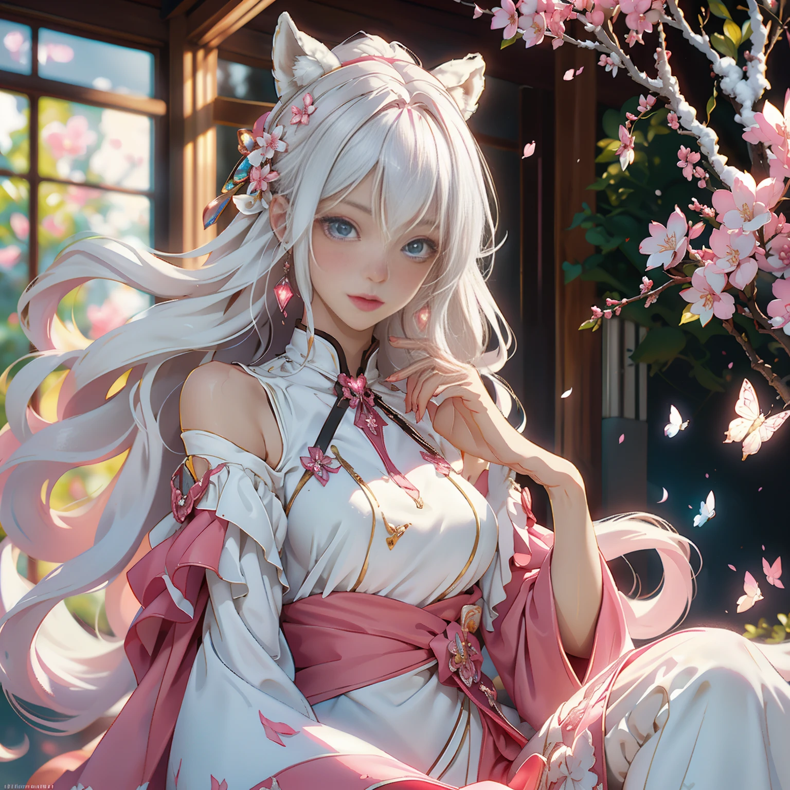 ((best quality)), ((master piece)), (detailed:1.4), beautiful cyberpunk woman image,HDR(high dynamic range),ray tracing,NVIDIA RTX,super resolution,fantasy 5,Scattered beneath the surface,PBR texture,Post-processing,anisotropic filtering,Depth of bounds written,Maximum clarity and sharpness,multilayer texture,Albedo and specular maps,surface coloring,Accurate simulation of honey-material interactions,perfectly proportioned,Rendering with Octane,two color light,Large Diameter,Low ISO,White balance,rule 3 points、8K raw data、Beautiful bright blue pupils,off shoulder clothes,fine student,delicate face and eyes,long eyelashes,blush,delicate and fluffy hair,pink lip,Pure,cute face,sweet girl,artistic sense,casual wear,Advanced Sense,butterfly,cherry blossom petals,beautiful hair accessories,long hair and waist,hair blowing in the wind,Snow-white fox ears,curly,Snow-white fluffy tail,positive light,The light from the rear window is backlit.