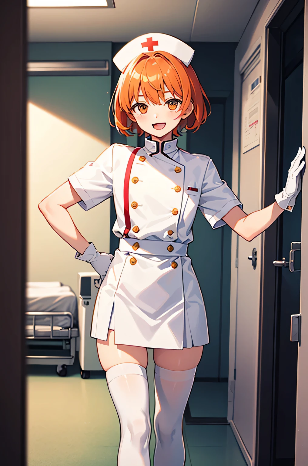 1 boy, alone, male focus, nurse, nurse cap, White nurse uniform, ((white legwear, zettai ryouiki)), white gloves, short hair, orange hair, smile, open your mouth, Are standing, ((hospital room)), sharp outline, short sleeve, Shota, , highest quality, masterpiece