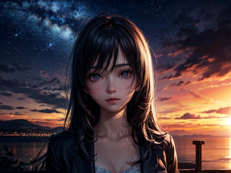 ((masterpiece, In 8K, High resolution, realistic)), (masterpiece, side light, fine and beautiful eyes: 1.2), ((Distant view)), Anime style, 1woman, anime characters in a scene with a sky background, your name movie style, Stills in TV anime, yourname, Night sky, starry night, moonlit night, (((looking away from camera))), (((Looking up at the night sky))), Calm, Soft dramatic lighting, depth of fields, Bokeh, vibrant detail, hyper realistic