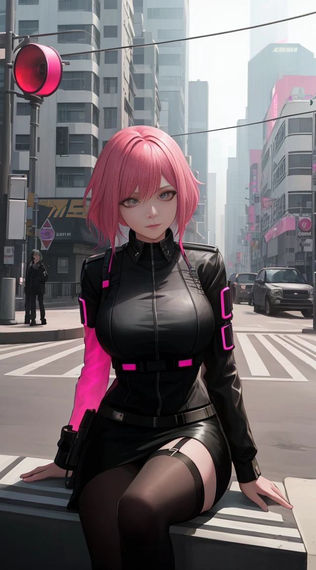 A woman with pink hair and a black blouse sits on the city street，traffic lights in the background, germ of art, shining eyes,anime art, cyberpunk art, photorealism, 1 girl, bangs, big breasts , Skyscraper, alone, tank_superior