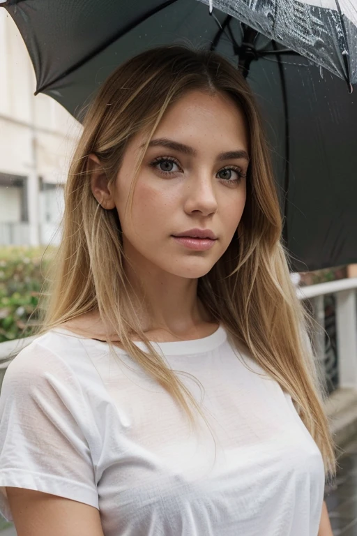 A 23-year-old blonde woman, ((pechos grandes)), ((hiperrealismo)) ,. blonde hair with light brown roots. cabello rubio, Hair with brown roots, cabello extra largo, cabello muy largo, Cabello muy largo, hermoso, vista frontal, autofoto, Foto tomada con iPhone, elegante, autofoto, alta calidad, autofoto iPhone, ojos verdes, labios carnosos, shy look, Doesn't look at the camera, no mira, umbrella, lluvia, frio, Rainy day, DEBE usar jersey de lana grueso, pelo mojado, mojada
