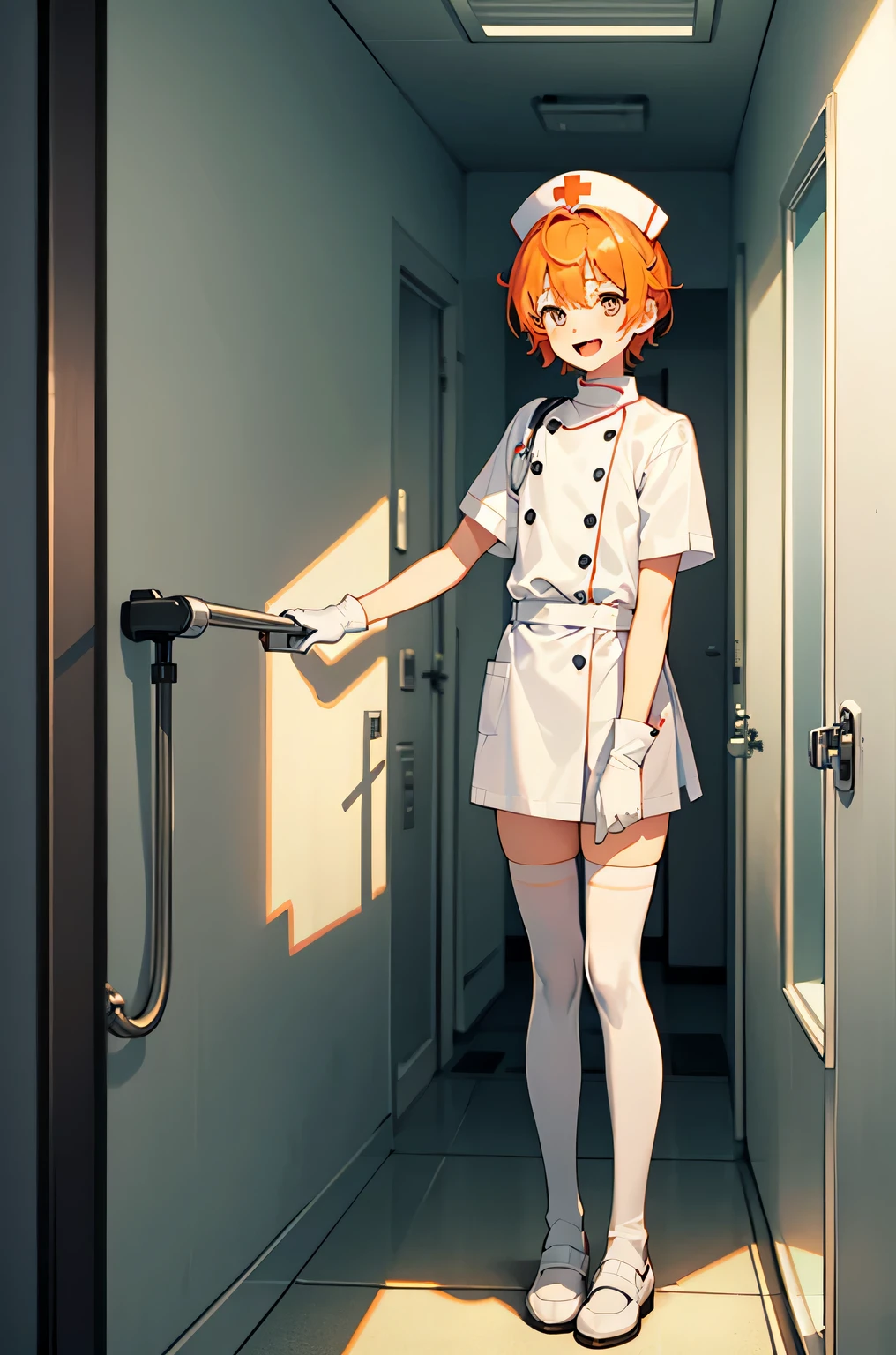 1 boy, alone, male focus, nurse, nurse cap, White nurse uniform, ((white legwear, zettai ryouiki)), white gloves, short hair, orange hair, smile, open your mouth, Are standing, ((hospital room)), sharp outline, short sleeve, Shota, 12 years old, highest quality, masterpiece