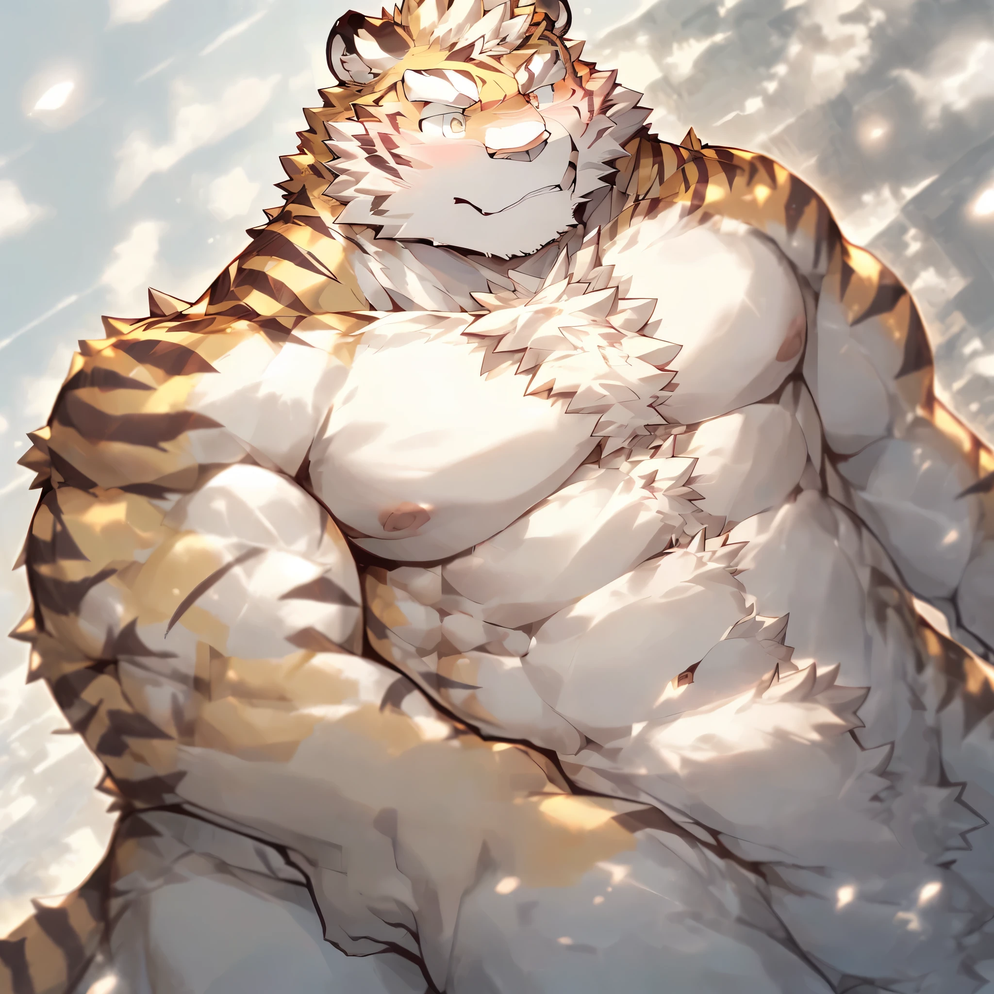 the white tiger，chest muscles，furry tiger，Muscle tissue，Shirtless，Eyes are bright