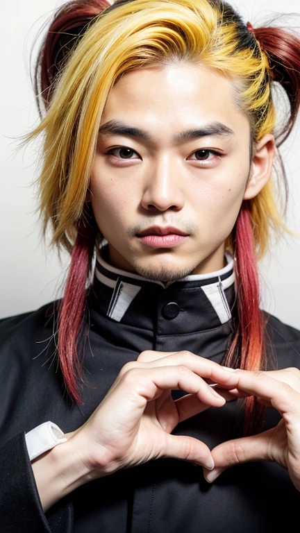 Asian man. Yellow hair with red tips. Orange and yellow eyes. Black uniform white edges.
