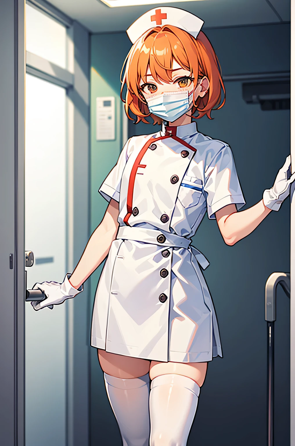 1 boy, alone, male focus, nurse, nurse cap, White nurse uniform, ((white legwear, zettai ryouiki)), white gloves, short hair, orange hair, ((White surgical mask, Covered nose)), Are standing, ((hospital room)), sharp outline, short sleeve, Shota, ************, highest quality, masterpiece