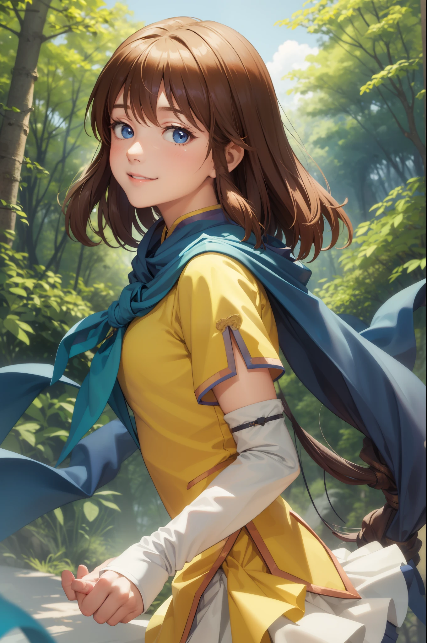 masterpiece, best quality, feMist, blue capelet, yellow shirt, arm warmers, pleated skirt, upper body, from side, smile, hands to heart, looking at viewer, dense forest, sky, hand to heart 