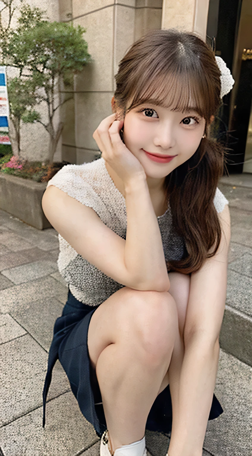 highest quality, 16k, Japanese, young woman, down to your feet, whole body,  brown hair, short ponytail, mole under eye, long eyelashes, three-dimensional circle eyes, smile, surrealism, HD, rough skin, shoes 