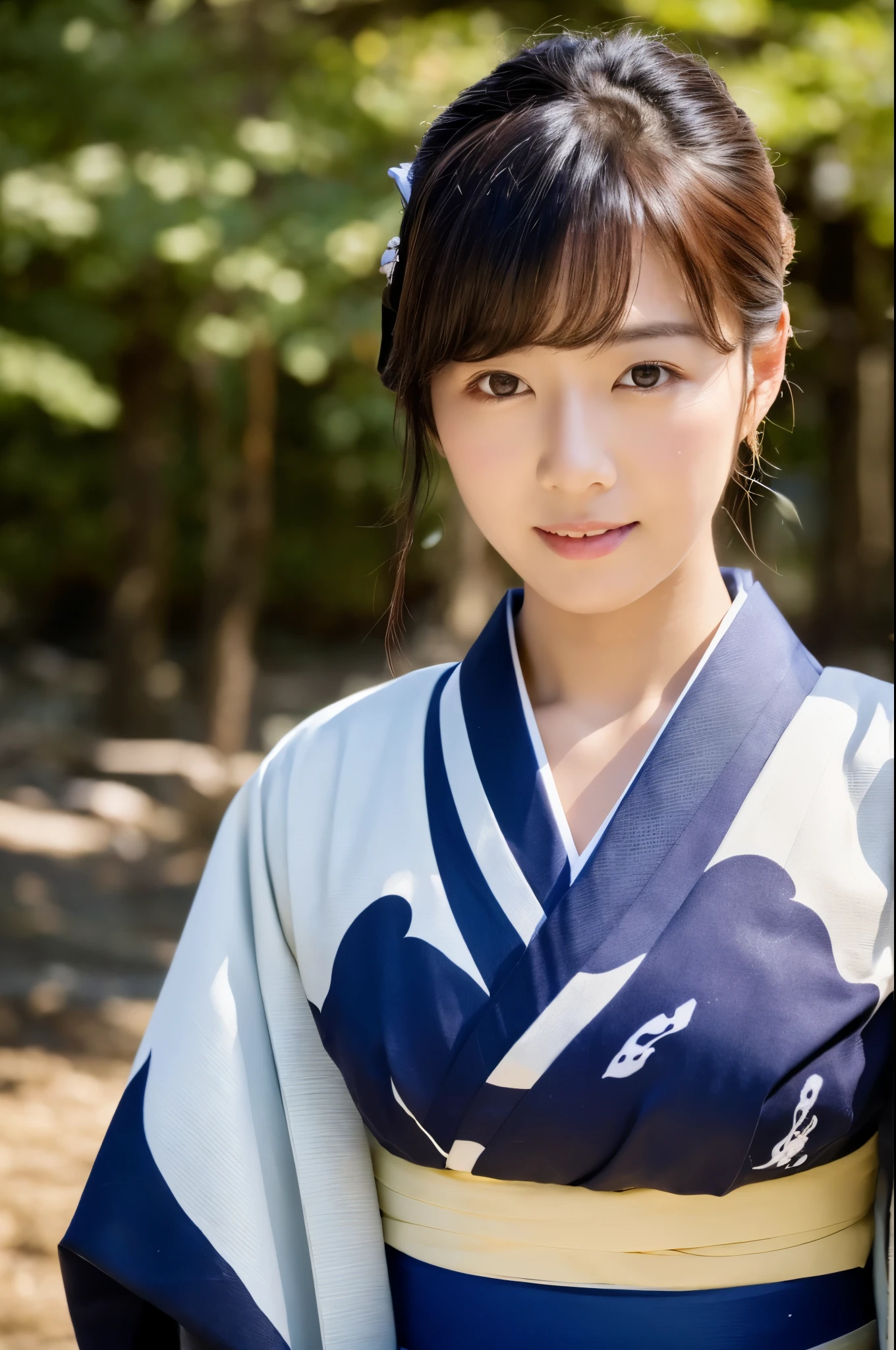 ((Top Quality, 8K, Masterpiece: 1.3)), Sharp Focus: 1.2, (Super Beautiful Face: 1.0), (Slender Abs Beauty: 1.0), (Shiny Skin: 1.0), Realistic Photography, Black Hair, Realistic Pupils, Video Lighting, High Definition Eyes and Face, Video Lighting, (Cowboy Shot: 1.3), (kimono, hakama, obi: 1.4), (Japanese Cute Actress), in nature, traditional kimono, happy, Looking at the audience, head on,
