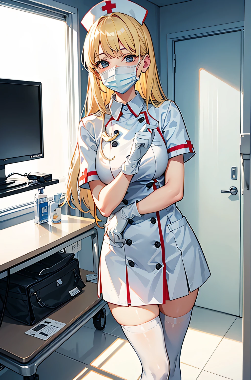 1 female, alone, nurse, nurse cap, White nurse uniform, ((white legwear, zettai ryouiki)), white gloves, blonde hair, blue eyes, ((White surgical mask, Covered nose)), Are standing, ((hospital room)), sharp outline, short sleeve, mature woman, 35 years old, highest quality, masterpiece