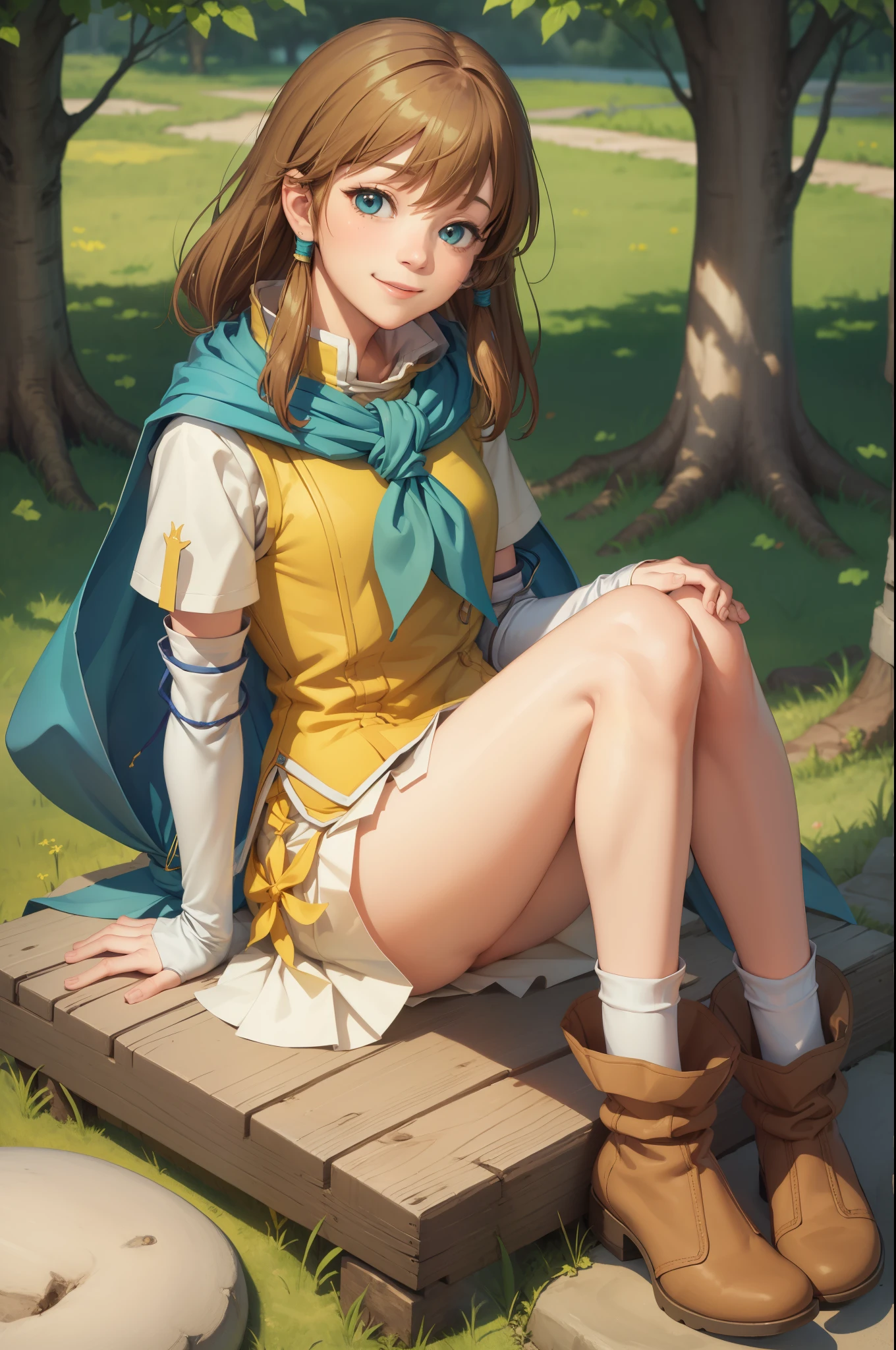 masterpiece, best quality, feMist, blue capelet, yellow shirt, pleated skirt, arm warmers, white socks, boots, sitting, village, trees, smile 