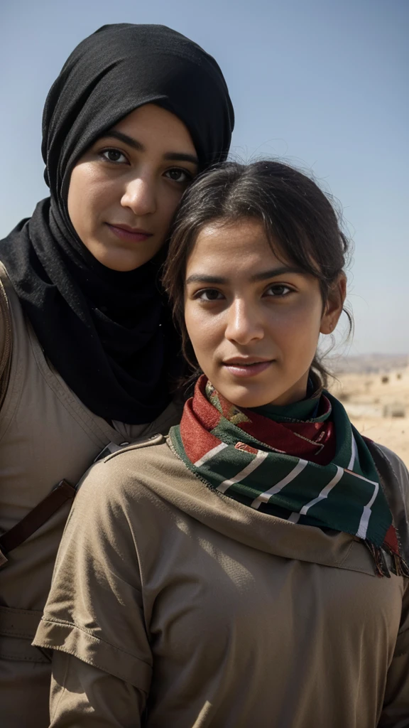 "Generate a powerful image portraying Palestinian soldiers in traditional kefiya scarves celebrating a significant victory in an iconic and incredible scene. Capture the essence of triumph and unity in their expressions and surroundings."