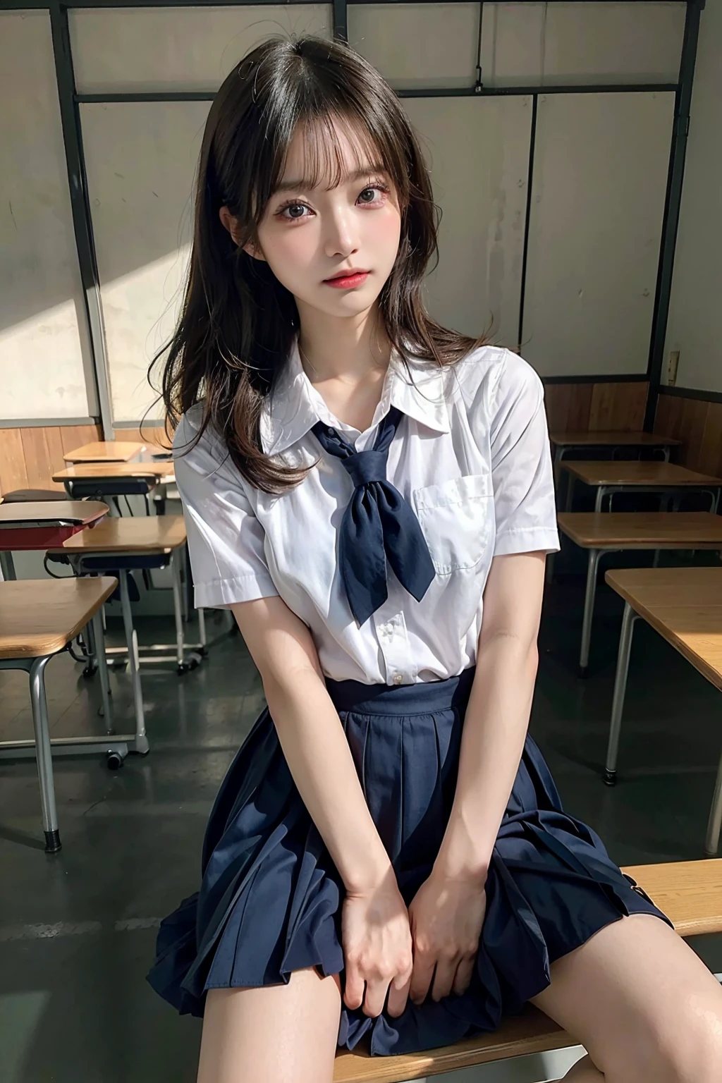masutepiece, Best Quality, japanaese girl, 8K, Raw photo, top-notch quality, masutepiece, nffsw:1.2, exceptionally detailed RAW color photo, professional-grade photograph, (Realistic, Photorealistic:1.37), (highly detailedskin:1.2), Ultra-high resolution, (lenz 50mm), (masutepiece, top-quality:1.3), (Ultra detailed 8K cg:1.2), (hyper realisitic:1.35), (Photorealistic:1.45), (Realistic:1.4), Cowboy Shot,
1 beautiful Japanese girl, 22 years old, super model, Japanese Idol, __expression__, Large breasts, (sitting on the desk:1.1), (School uniform:1.4), (Spread legs:1.2),
(School classroom background:1.1)、Korean Idol、Nogizaka Idol、hposing Gravure Idol、Adults、女優