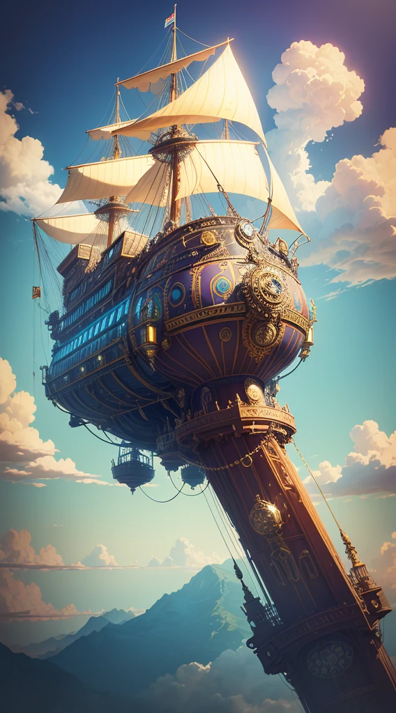 A psychedelic steampunk airship with the text “Mallow”prominently and Large on the side, adorned with vibrant colors, brass fittings, and intricate gears, surrounded by steam engines, floating with clouds in a vivid blue sky. The airship is designed with a twist of whimsical fantasy, capturing the essence of steampunk aesthetics with a psychedelic touch.