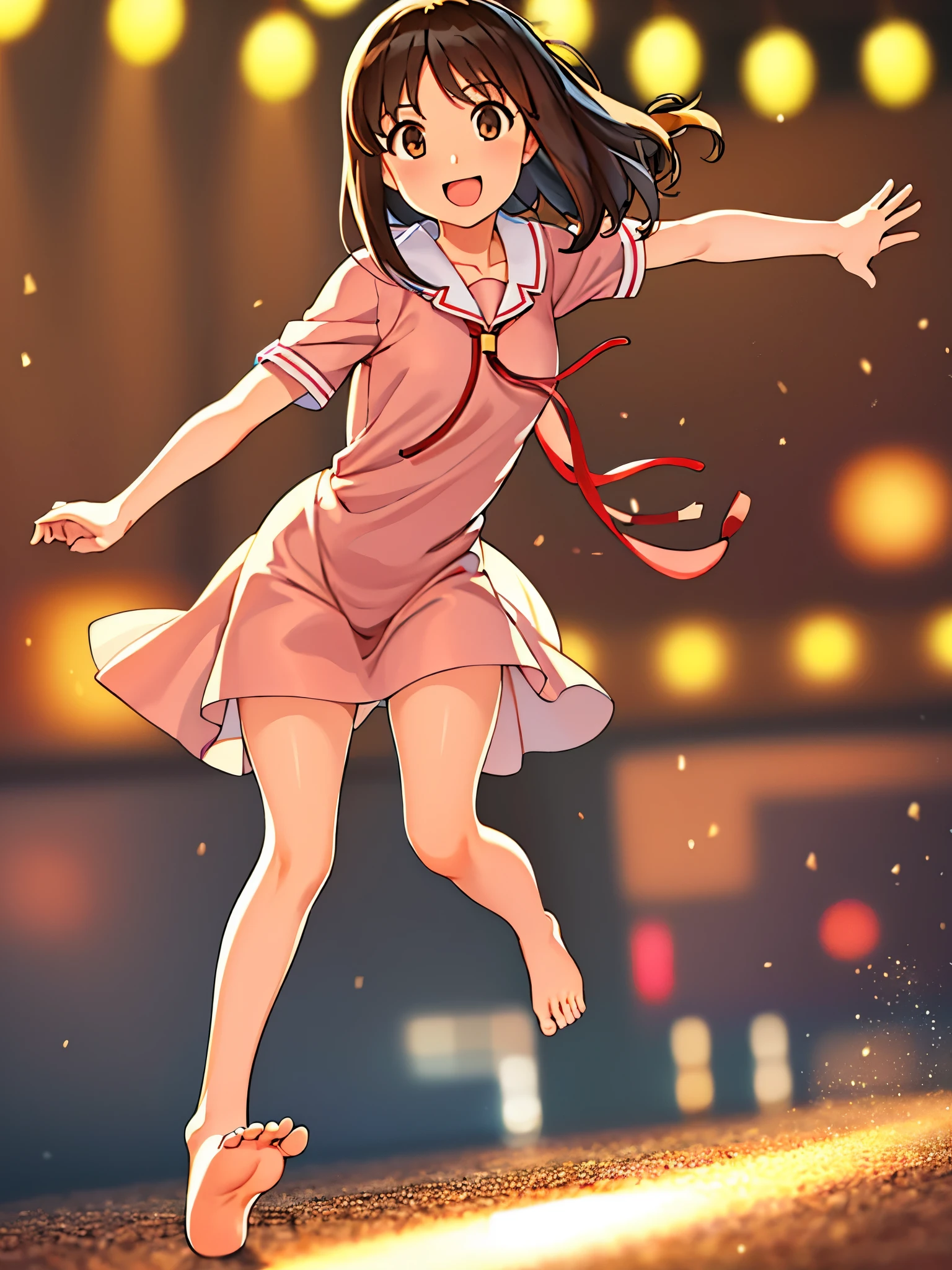 (masterpiece, best quality:1.2),illustration,8k,hd,1girl,solo,cowboy shot, (((masterpiece))),(((best quality))),(((extremely detailed))), illustration, 1girl, azumanga daioh, kasuga ayumu, osaka chan, azumanga daioh's , sailor collar, , serafuku, smile, pink serafuku, open mouth solo, vivid color, shiny, (brown hair),(brown eyes), full body, barefoot, volumetric lighting, multi-color eyes, detailed eyes, hyper detailed, light smile, highly detailed, beautiful, small details, ultra detailed, best quality, intricate, 4k, 8k, trending on artstation, good anatomy, beautiful lighting, award-winning, small breasts, running at high speed in perspective.