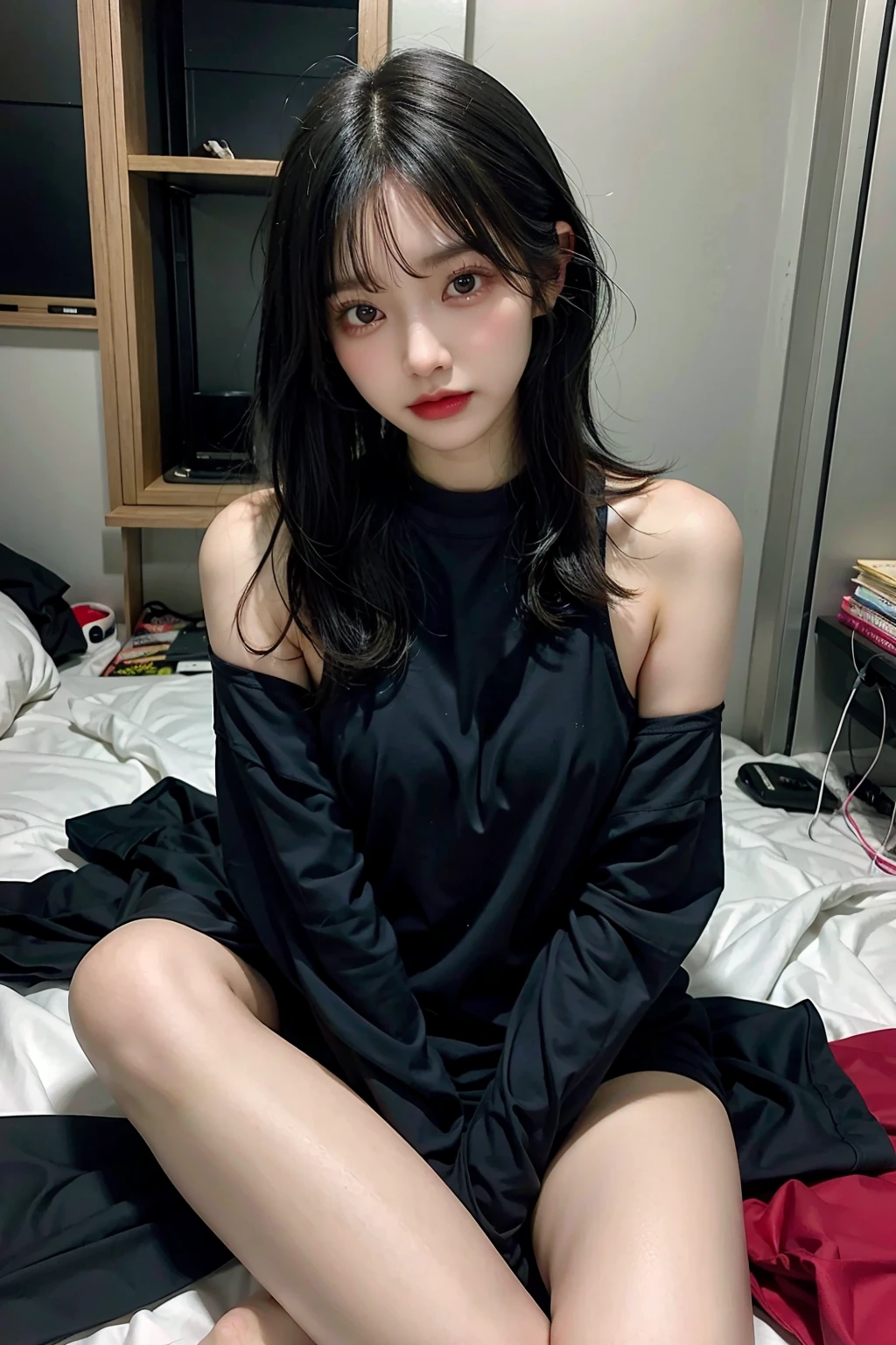 Woman with short black hair、skinny thigh、a itting on、Cluttered room