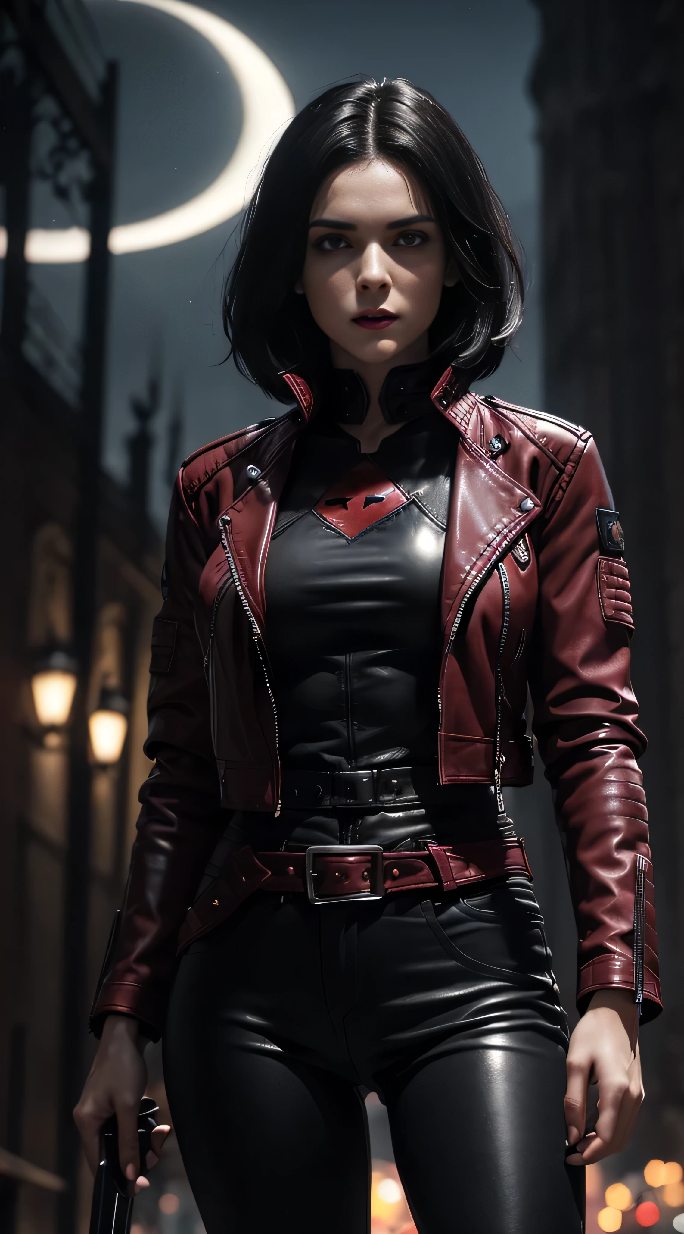 (A beautiful 25 years old British female vampire mercenary:1.4), (short wolfcut black hair:1.2), (pale skin), (detailed skin:1.2), (serious face), (wearing crimson leather jacket and black tight pants:1.4), (waist up shot:1.2), view from front, (dynamic action pose:1.2), (chiaroscuro lighting:0.8), (dark city at night:1.2), photo realism, intricate face detail, intricate hand details, highly detailed, vibrant colors, cinematic, 8k, trending on Artstation--style raw