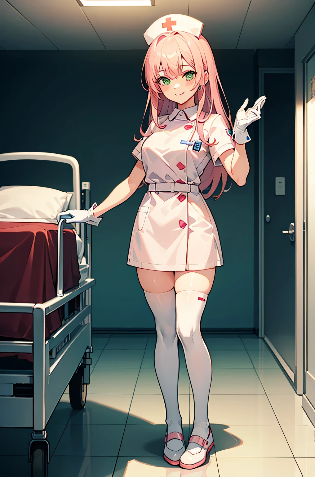 1boy, solo, male focus, nurse, white nurse cap, white nurse uniform, ((white legwear, zettai ryouiki)), white gloves, blunt bangs, pink hair, green eyes, drooping eyes, smile, standing, ((hospital room)), sharp outline, short sleeves, shota, , best quality, masterpiece