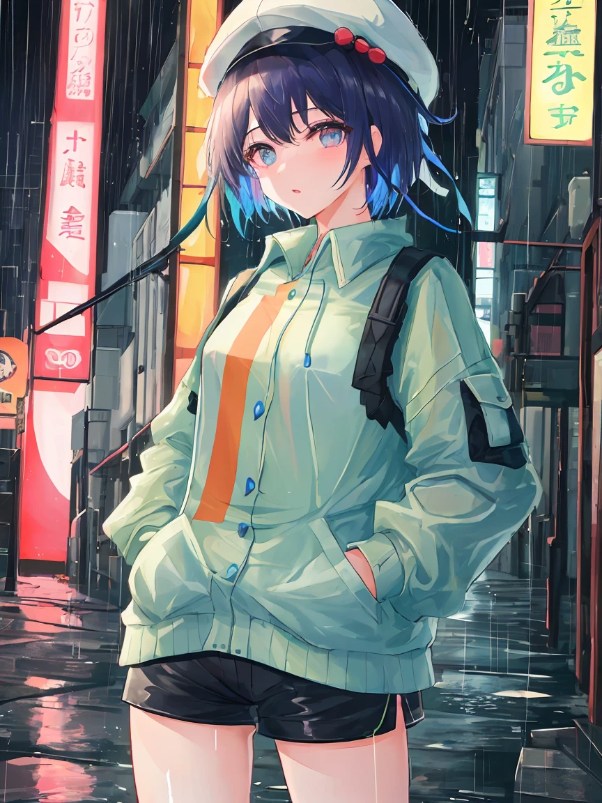 8K resolution、((highest quality))、((masterpiece))、((super detailed))、1 female、solo、incredibly absurd、baggy clothes、hat、street、outdoor、It rains at night、neon、short cut hair、bright colored eyes、put one's hand in one's pocket、shorts、water dripping