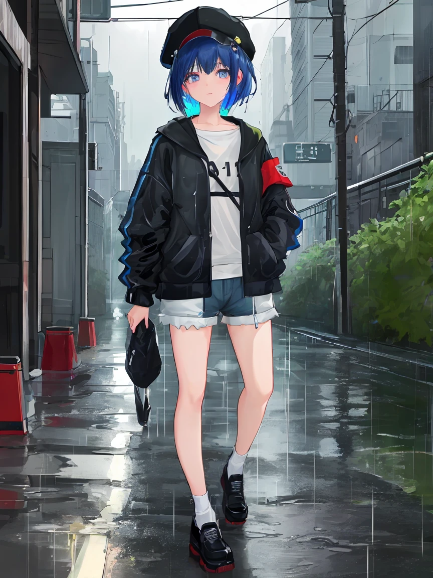 8K resolution、((highest quality))、((masterpiece))、((super detailed))、1 female、solo、incredibly absurd、baggy clothes、hat、street、outdoor、It rains at night、neon、short cut hair、bright colored eyes、put one&#39;s hand in one&#39;s pocket、shorts、water dripping