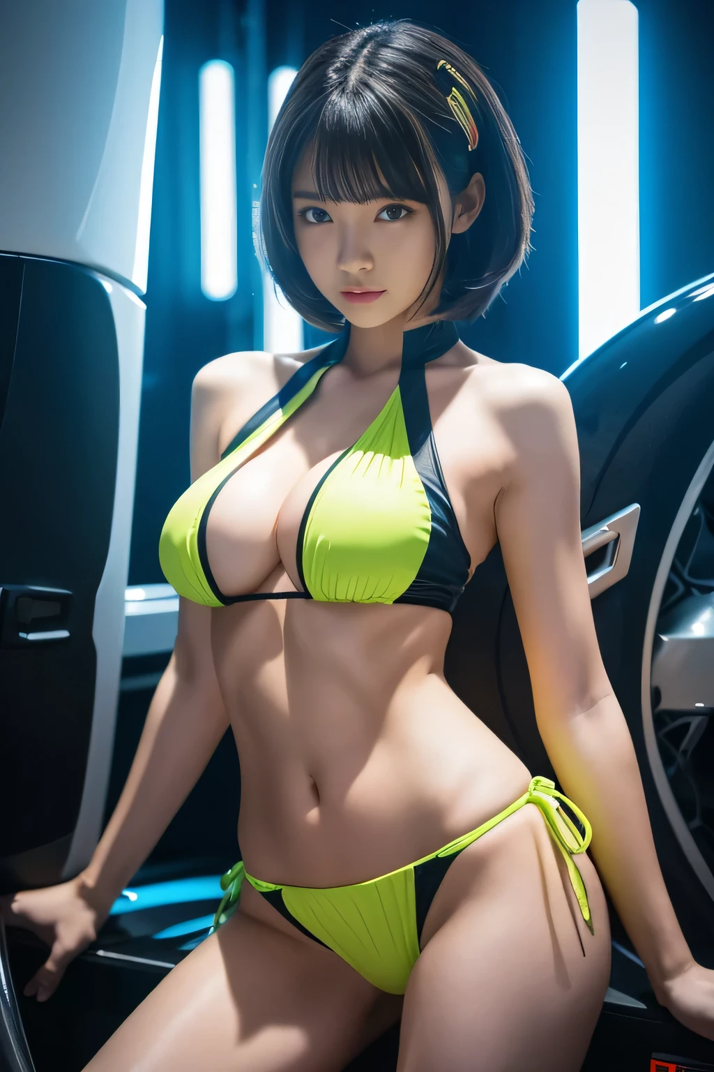 （very detailed：1.5）， （8K）， Sci-fi futuristic mechanical girl with flashing neon lights.， style （Cyberpunk Personality：1.3）， Wear an elegant combat uniform，vivid details， sexy pose， （Bold typography：1.2）， dynamic composition， bright colors， （アキラstyle：1.1）， （Inspired by Hajime Sorayama：1.2）， Full body Esbian， red、yellow、green、white details， fight position， detailed bikini， Futuristic and detailed BMW bikes，, Girl born in junior high , (((huge breasts:1.2)))、short hair