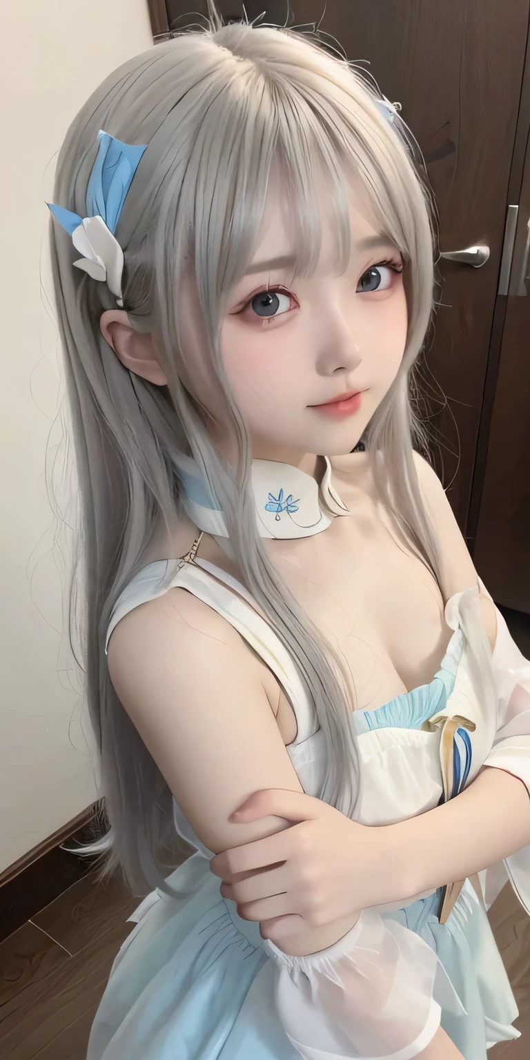 Impeccable,(((from above))),(((octave shot))),Ultra-clear,Volumetric lighting,realistically, and cute, Cute little li,very shy,Raised sexy, fair and soft skin, Eyes are very delicate,Delicate nose,delicate little ,(((blue))),one of the beautiful girls,cute female ,round little face,(External),bare shoulders,Naked waist,the creamy smooth skin