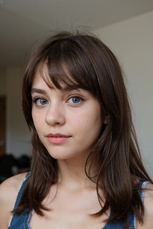Teenage girl straight hair medium brown hair bangs big blue eyes