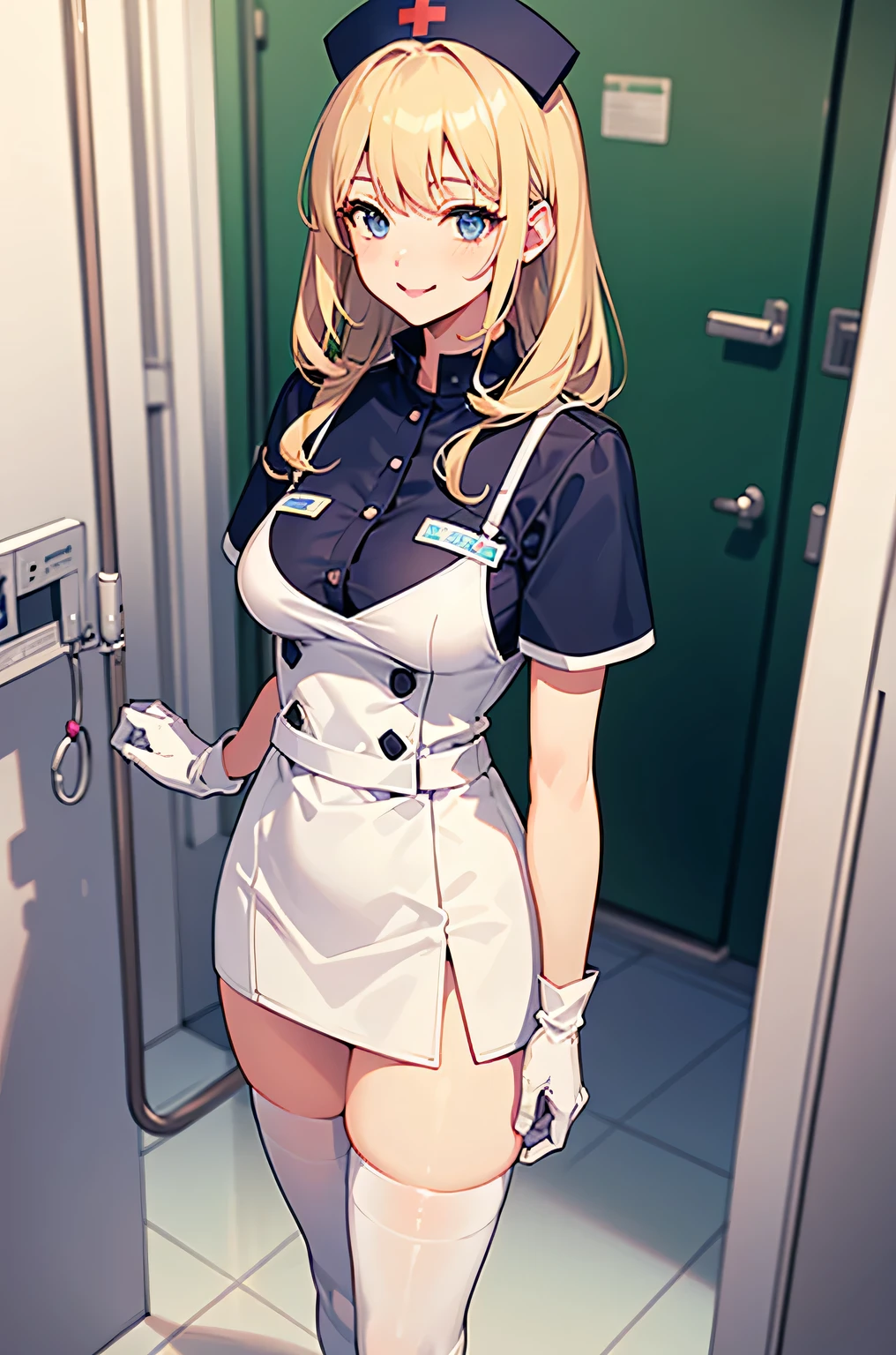 1 female, alone, nurse, nurse cap, White nurse uniform, ((white legwear, zettai ryouiki)), white gloves, blonde hair, blue eyes, pink lips, smile, Are standing, ((hospital room)), sharp outline, short sleeve, mature woman, 35 years old, highest quality, masterpiece
