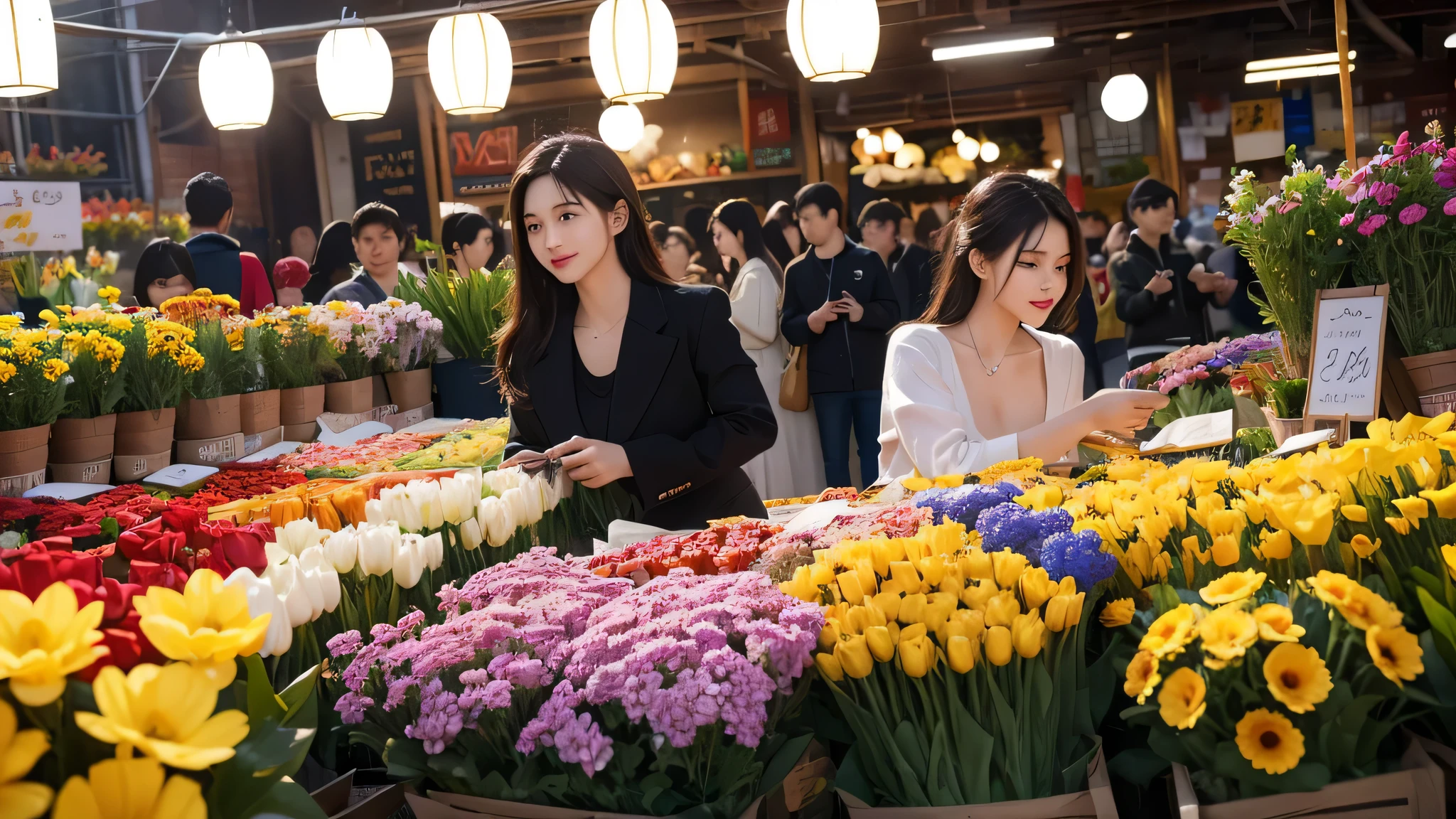 masterpiece, top quality, Super details, 8k, Detail lights, Detailed shadows, Strong New Year atmosphere,Indoor flower market scene,A wide variety of flowers,Lively
