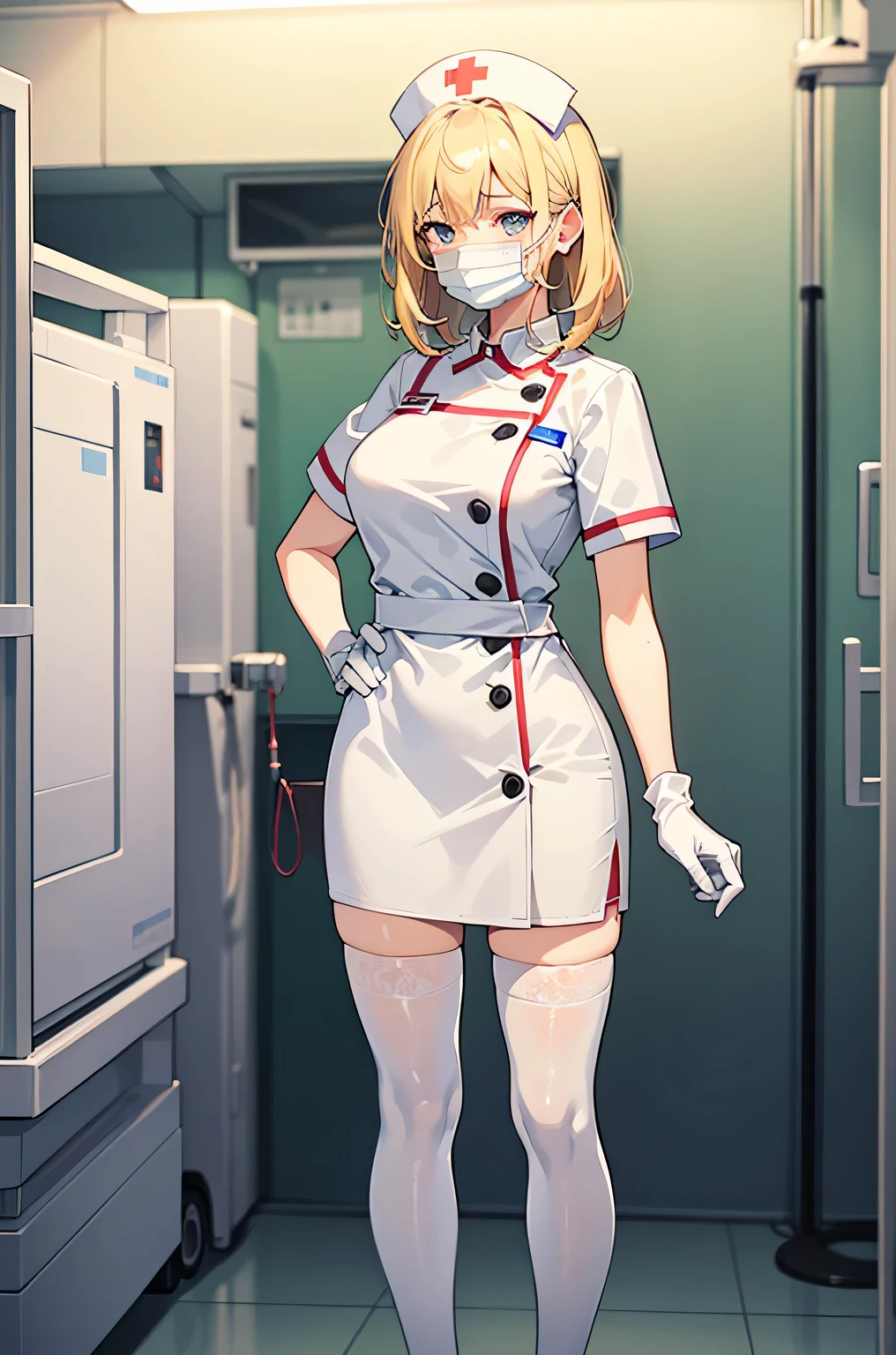 1 female, alone, nurse, nurse cap, White nurse uniform, ((white legwear, zettai ryouiki)), white gloves, blonde hair, blue eyes, ((White surgical mask, Covered nose)), Are standing, ((hospital room)), sharp outline, short sleeve, mature woman, 35 years old, highest quality, masterpiece