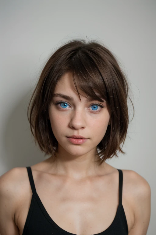 Teen girl short straight hair brown bangs big blue eyes