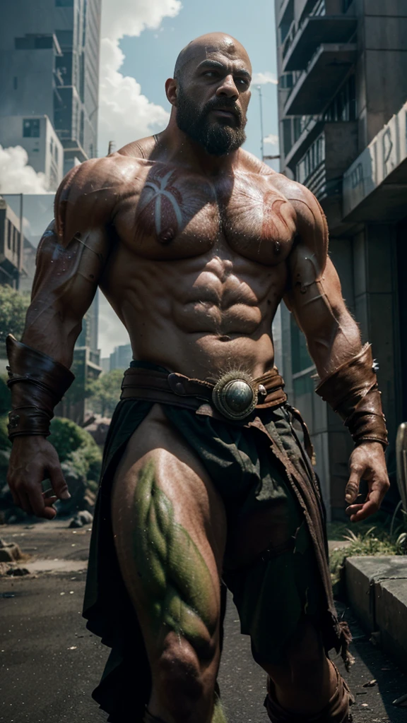 "Generate an intense and detailed scene where Kratos, adorned in his iconic attire, clashes with the Hulk in a dynamic sci-fi environment. Incorporate futuristic elements, such as advanced technology or alien landscapes, heightening the epic nature of their battle. Ensure the surroundings reflect the magnitude of their power and evoke a sense of awe."