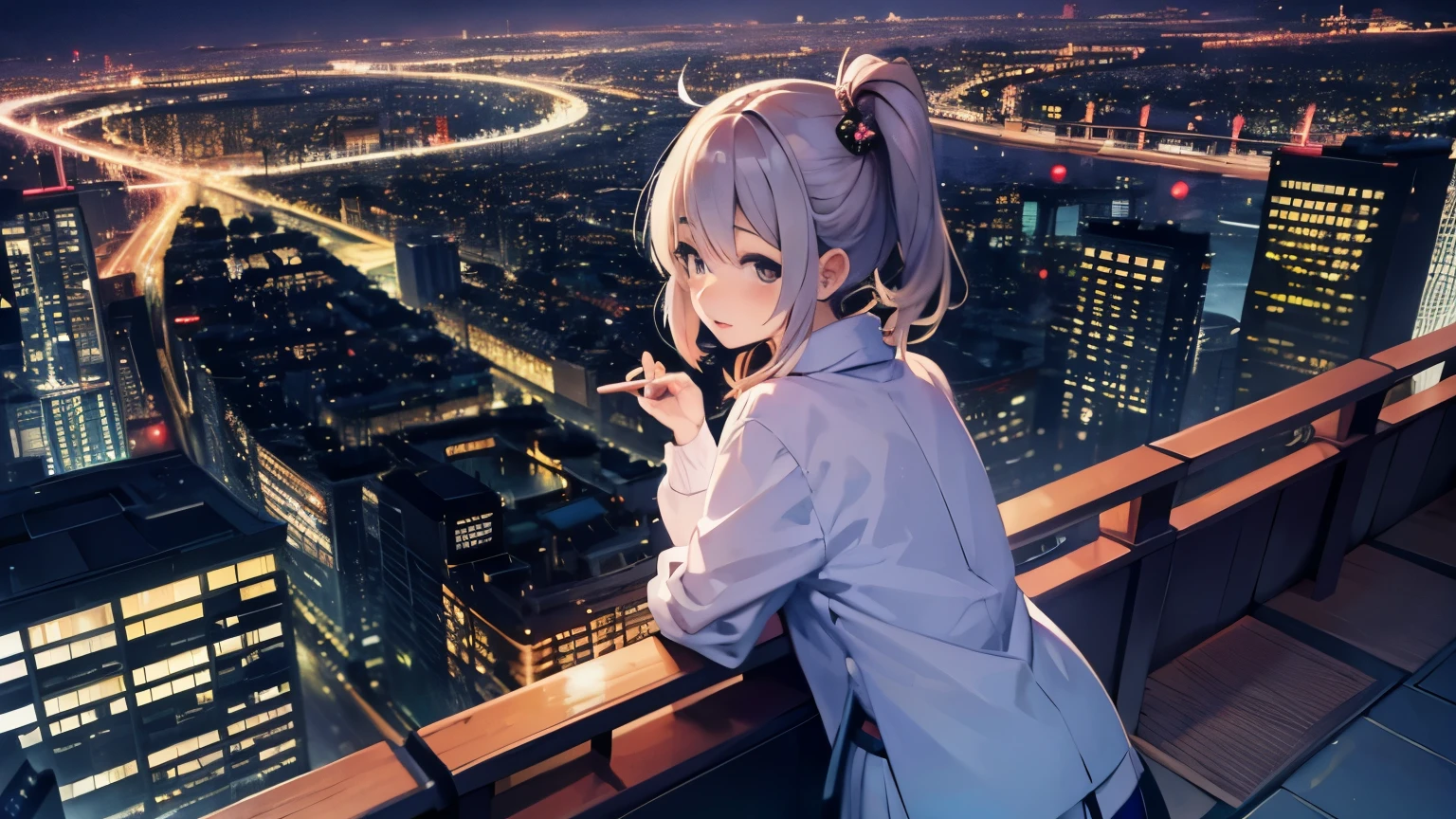 A cute Japanese girl looking down at the night city from her balcony