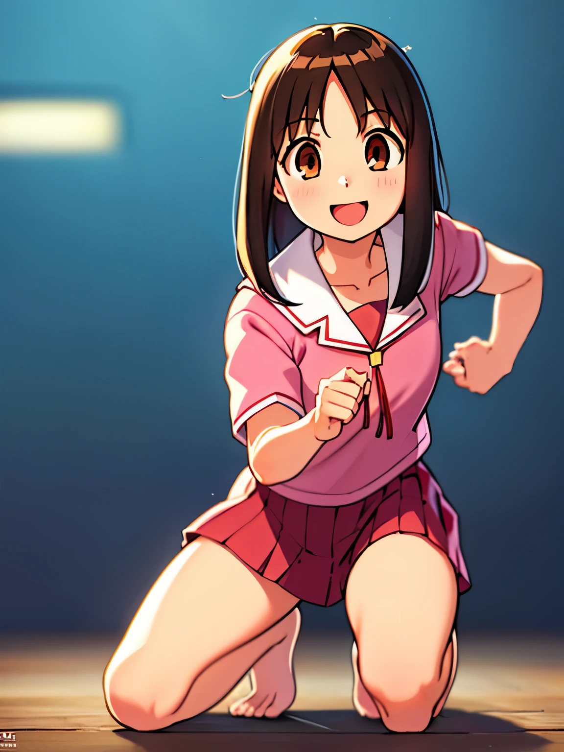 (masterpiece, best quality:1.2),illustration,8k,hd,1girl,solo,cowboy shot, (((masterpiece))),(((best quality))),(((extremely detailed))), illustration, 1girl, azumanga daioh, kasuga ayumu, osaka chan, azumanga daioh's , sailor collar, , serafuku, smile, pink serafuku, open mouth solo, vivid color, shiny, (brown hair),(brown eyes), full body, barefoot, volumetric lighting, multi-color eyes, detailed eyes, hyper detailed, light smile, highly detailed, beautiful, small details, ultra detailed, best quality, intricate, 4k, 8k, trending on artstation, good anatomy, beautiful lighting, award-winning, small breasts,  female focus, fighting stance